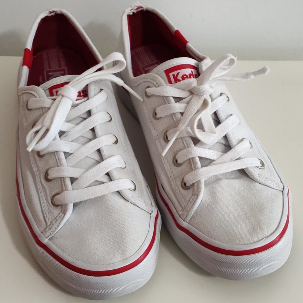 Ked's white canvas sneakers with red stripe on sole, Good used condition, size 6